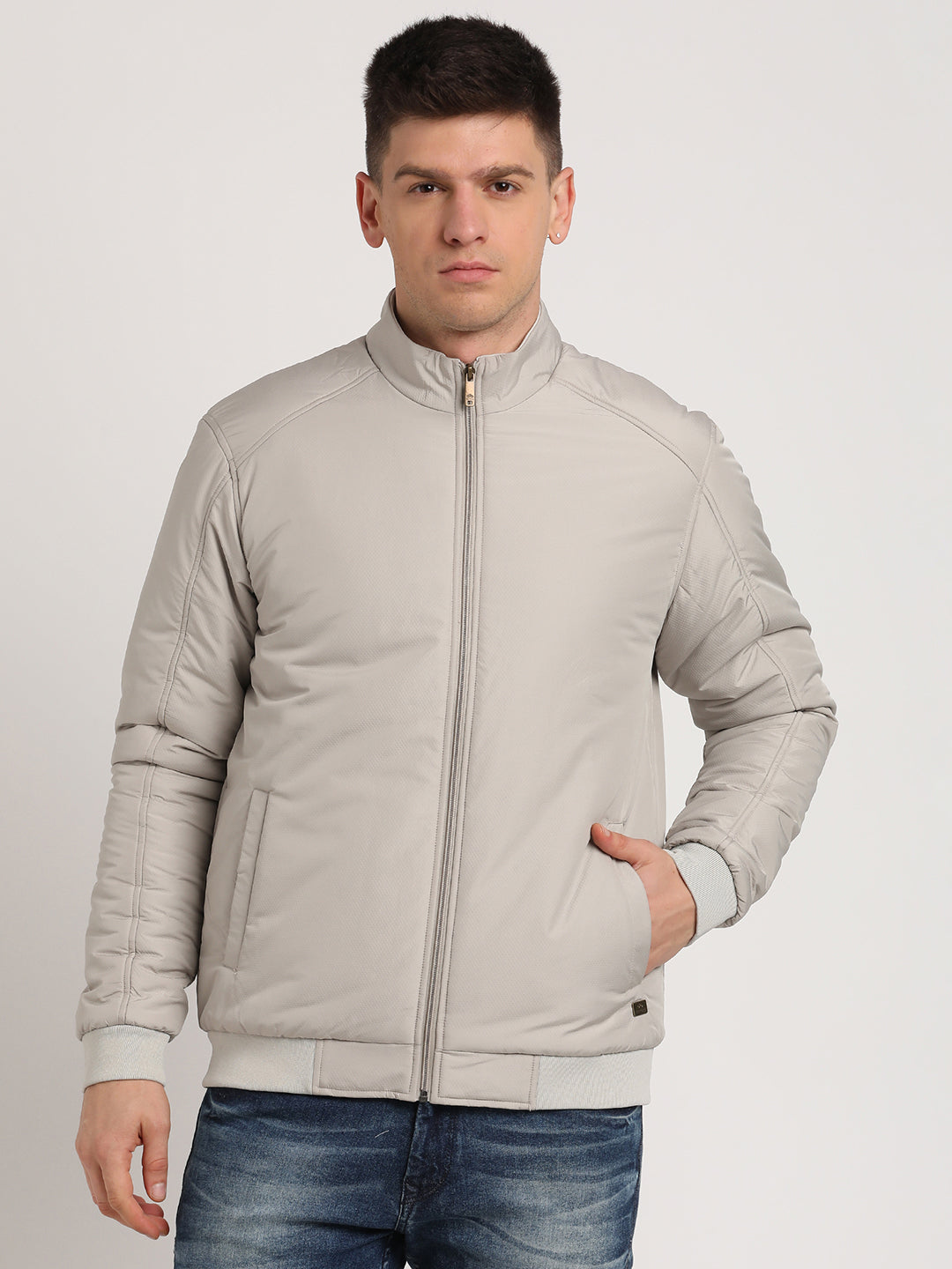 Polyester Solid Heather Grey Zipper Windcheater Jacket