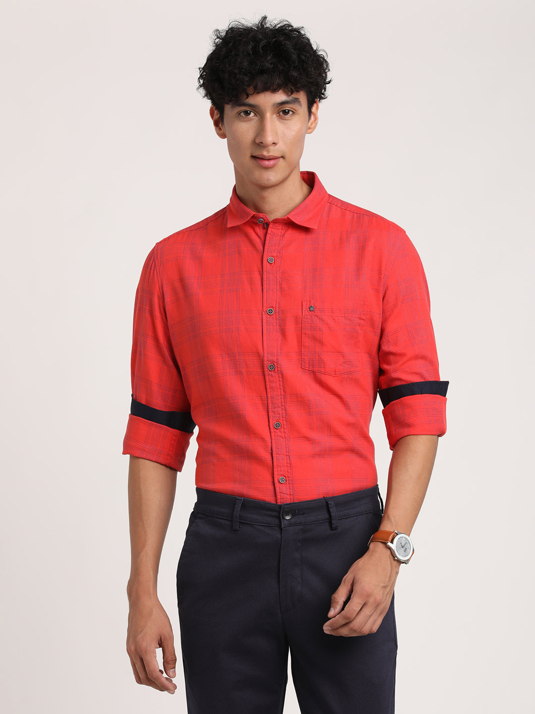 100% Cotton Red Printed Slim Fit Full Sleeve Casual Shirt