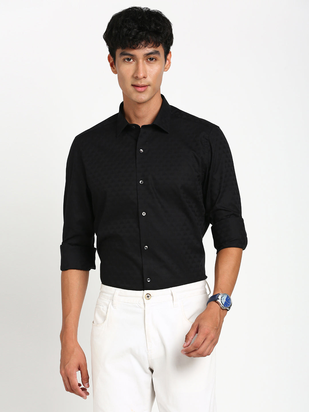 100% Cotton Black Jacquard Slim Fit Full Sleeve Ceremonial Shirt