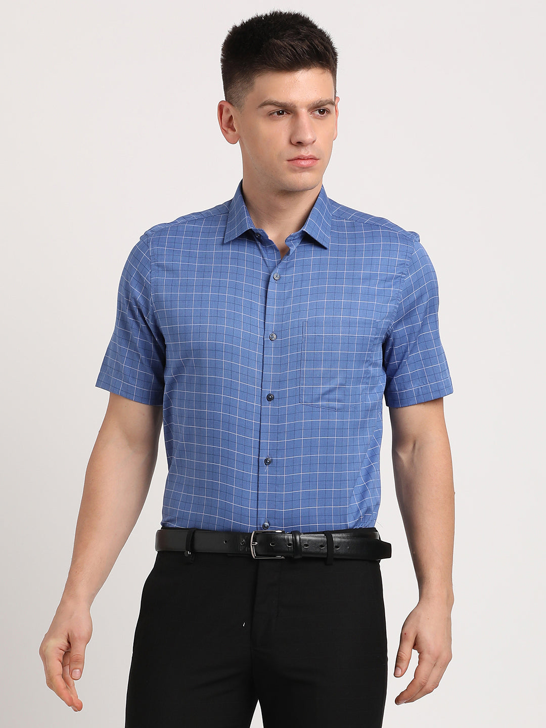 100% Cotton Blue Checkered Regular Fit Half Sleeve Formal Shirt