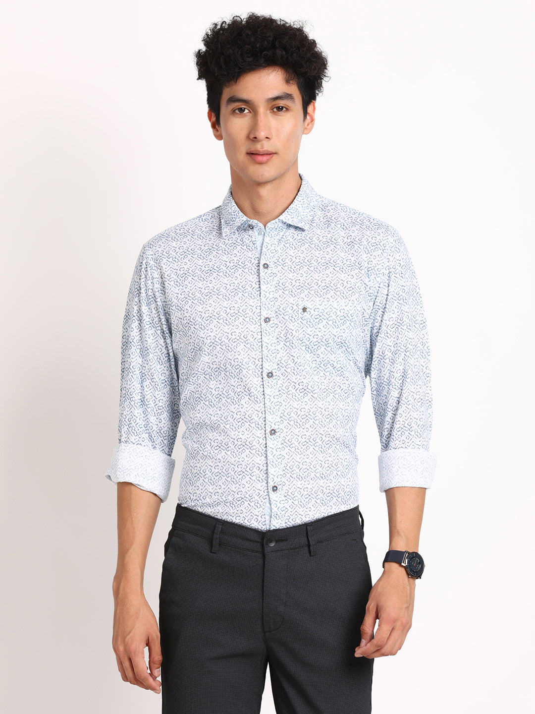 100% Cotton Off White Printed Slim Fit Full Sleeve Casual Shirt