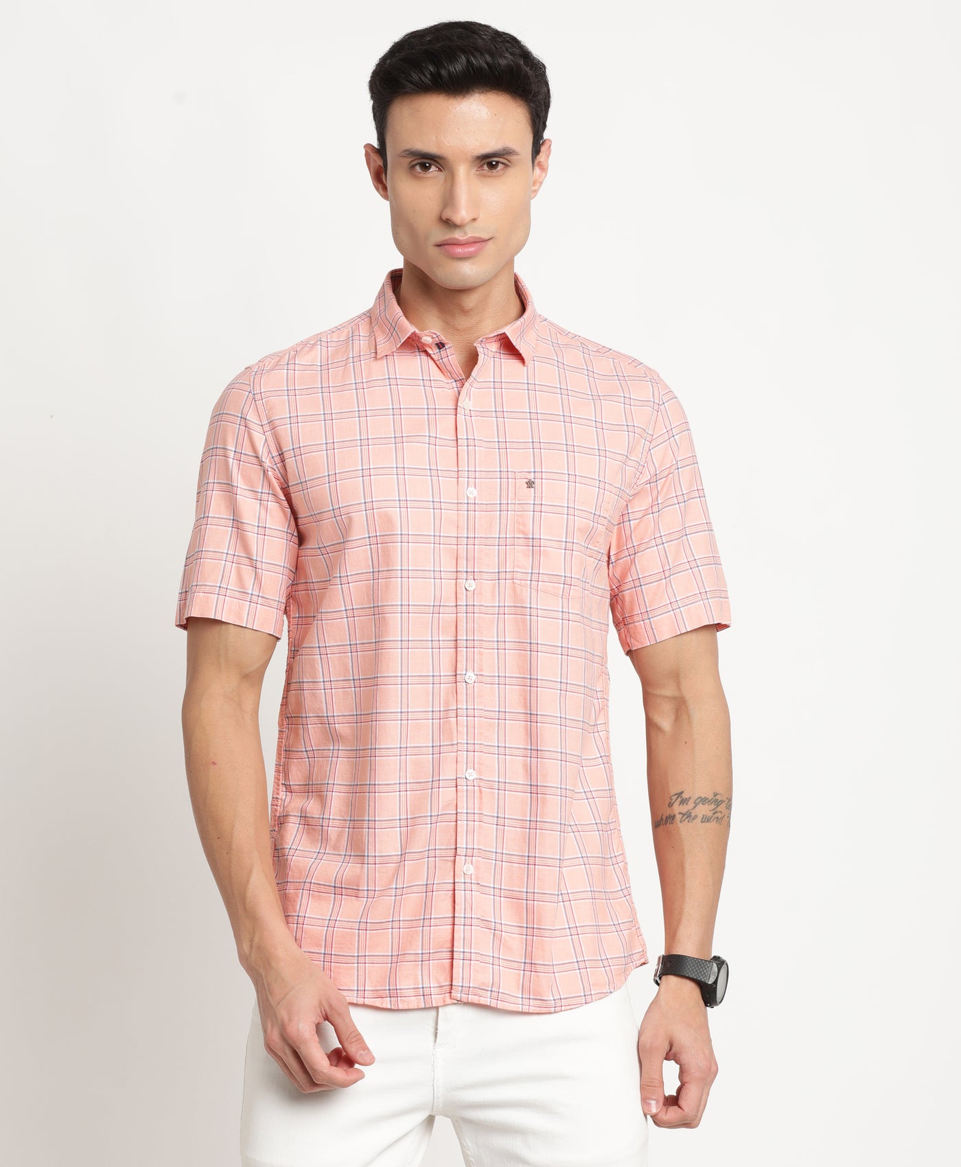 100% Cotton Peach Checkered Slim Fit Half Sleeve Casual Shirt