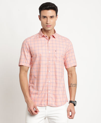 100% Cotton Peach Checkered Slim Fit Half Sleeve Casual Shirt