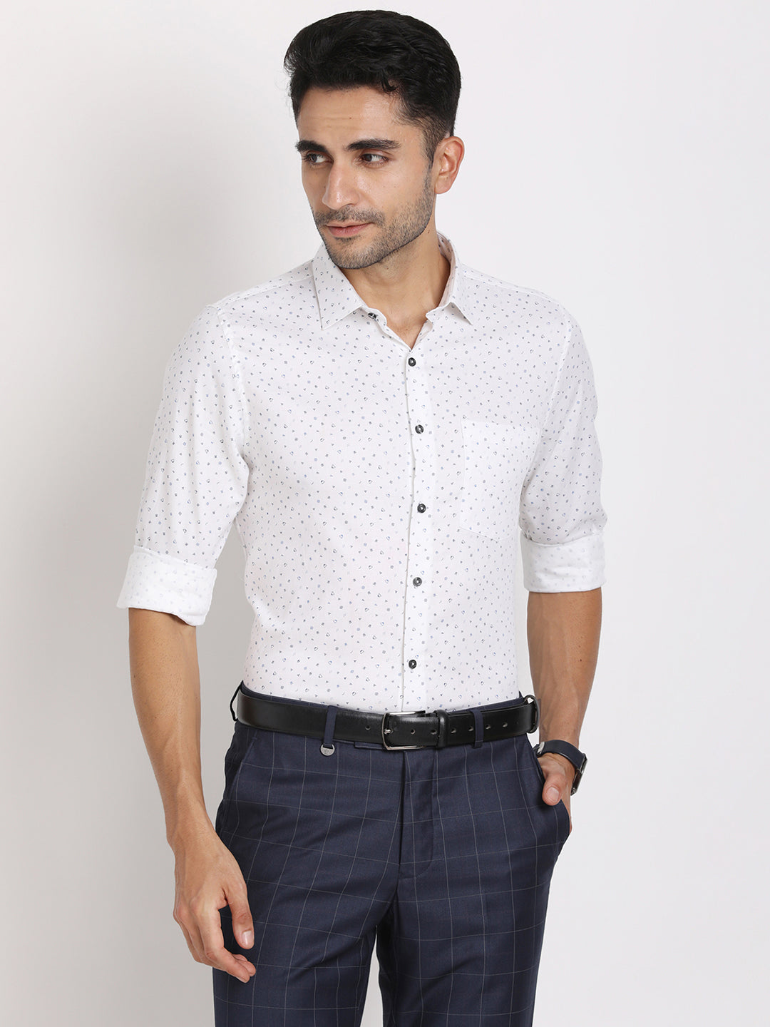 100% Cotton White Printed Regular Fit Full Sleeve Formal Shirt