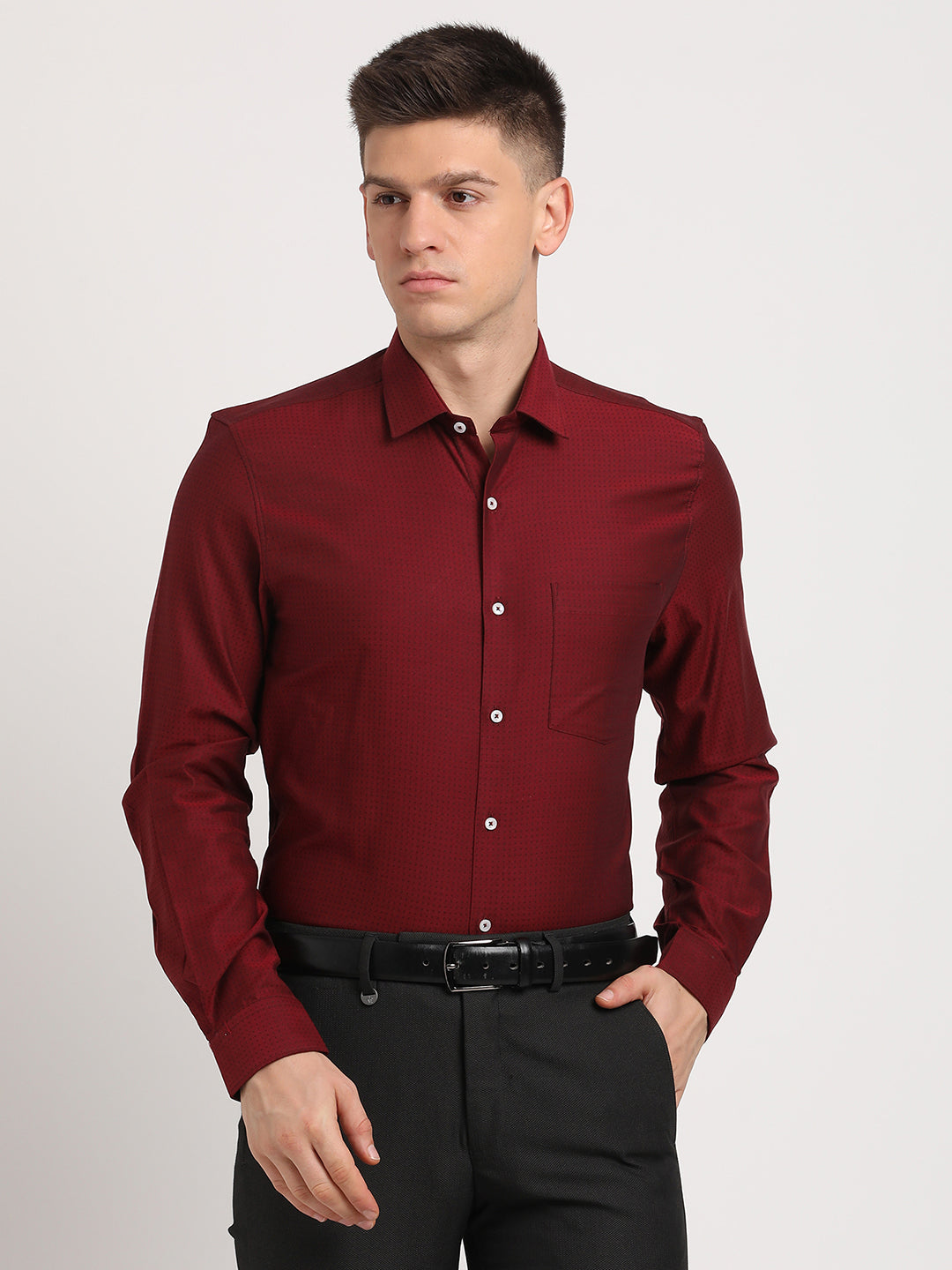 100% Cotton Maroon Dobby Slim Fit Full Sleeve Formal Shirt