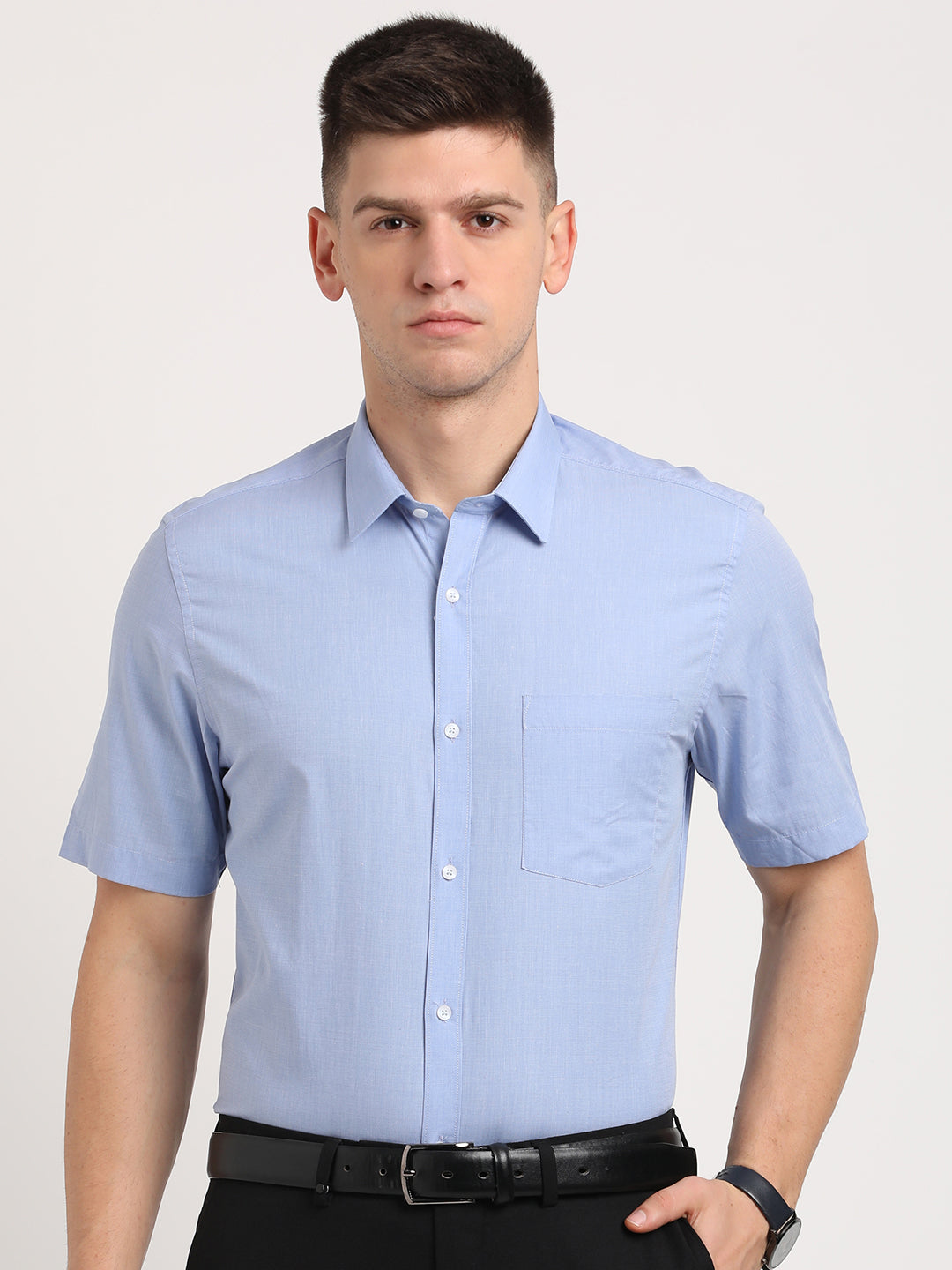 100% Cotton Sky Blue Plain Slim Fit Half Sleeve Formal Shirt