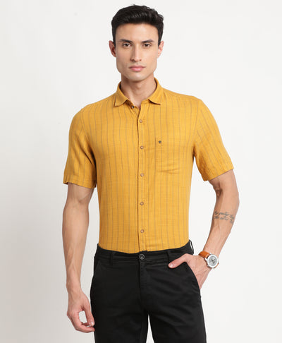Cotton Lyocell Yellow Striped Slim Fit Half Sleeve Casual Shirt