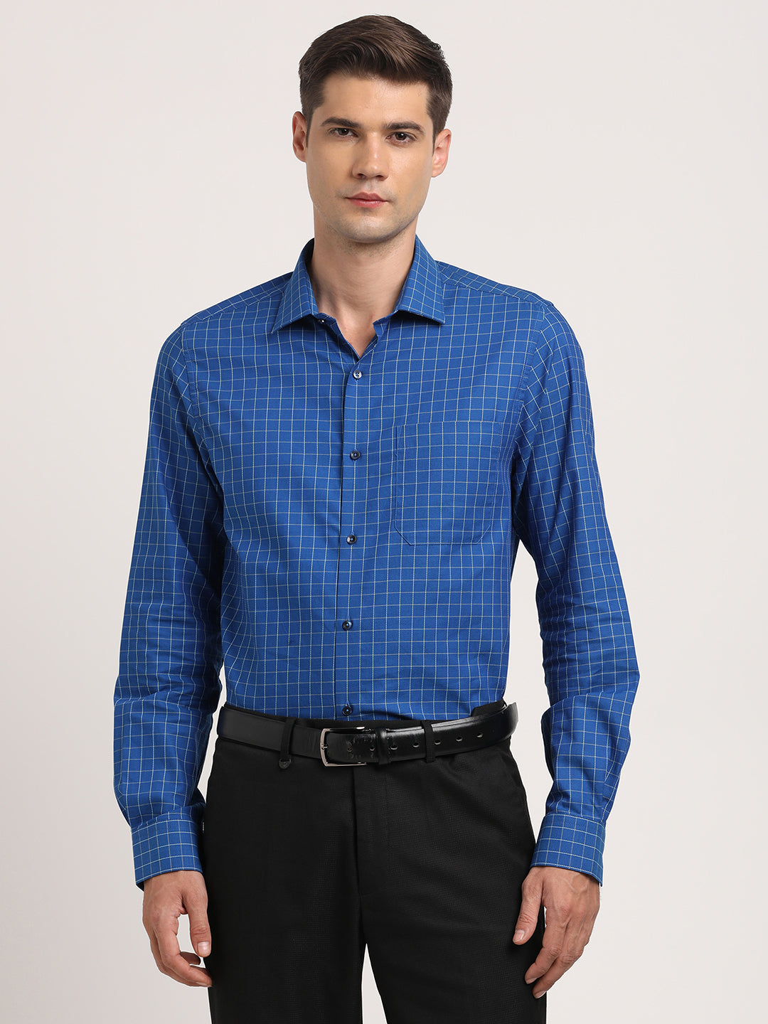 100% Cotton Blue Checkered Slim Fit Full Sleeve Formal Shirt