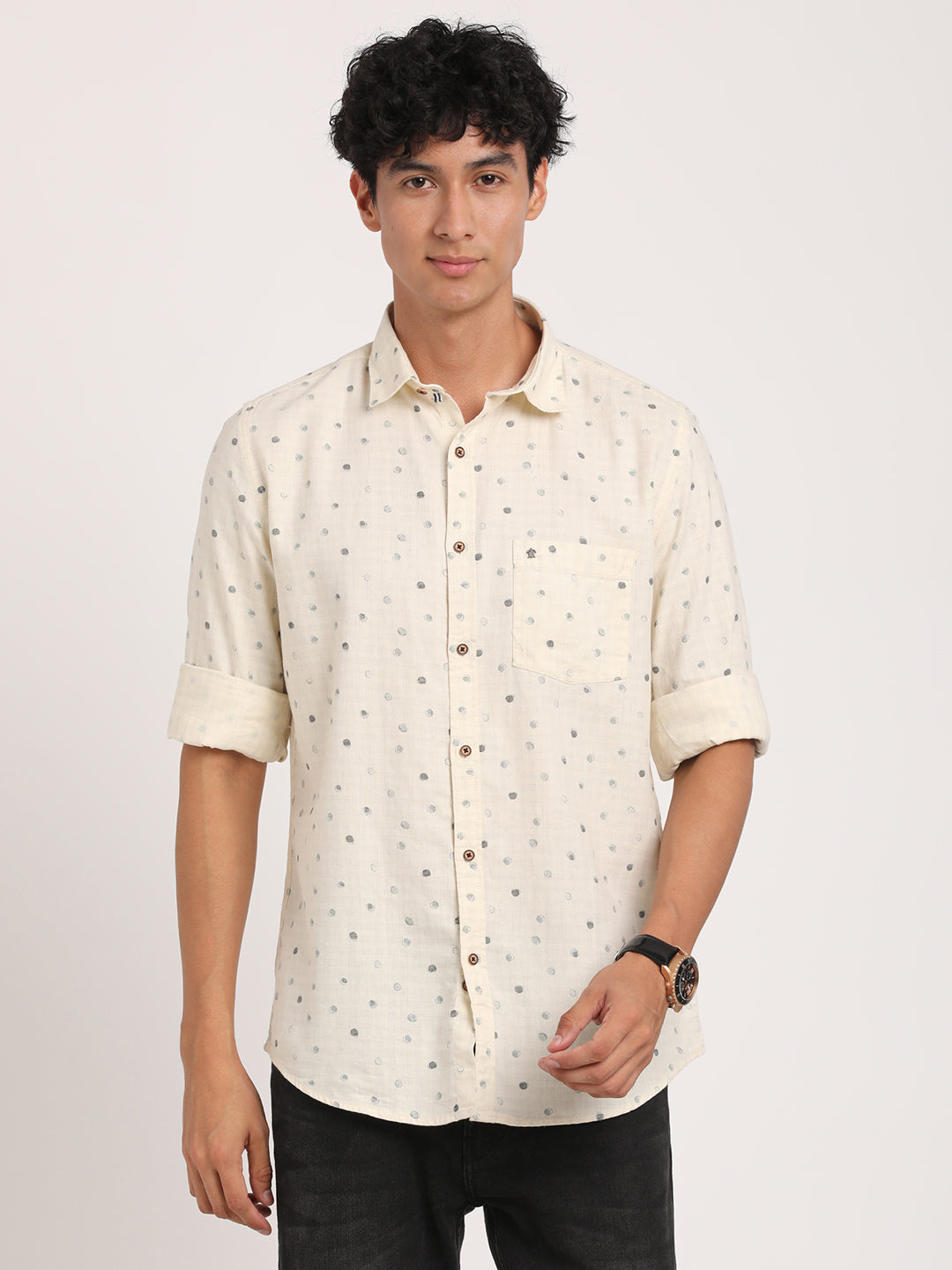 Cotton Melange Cream Printed Slim Fit Full Sleeve Casual Shirt