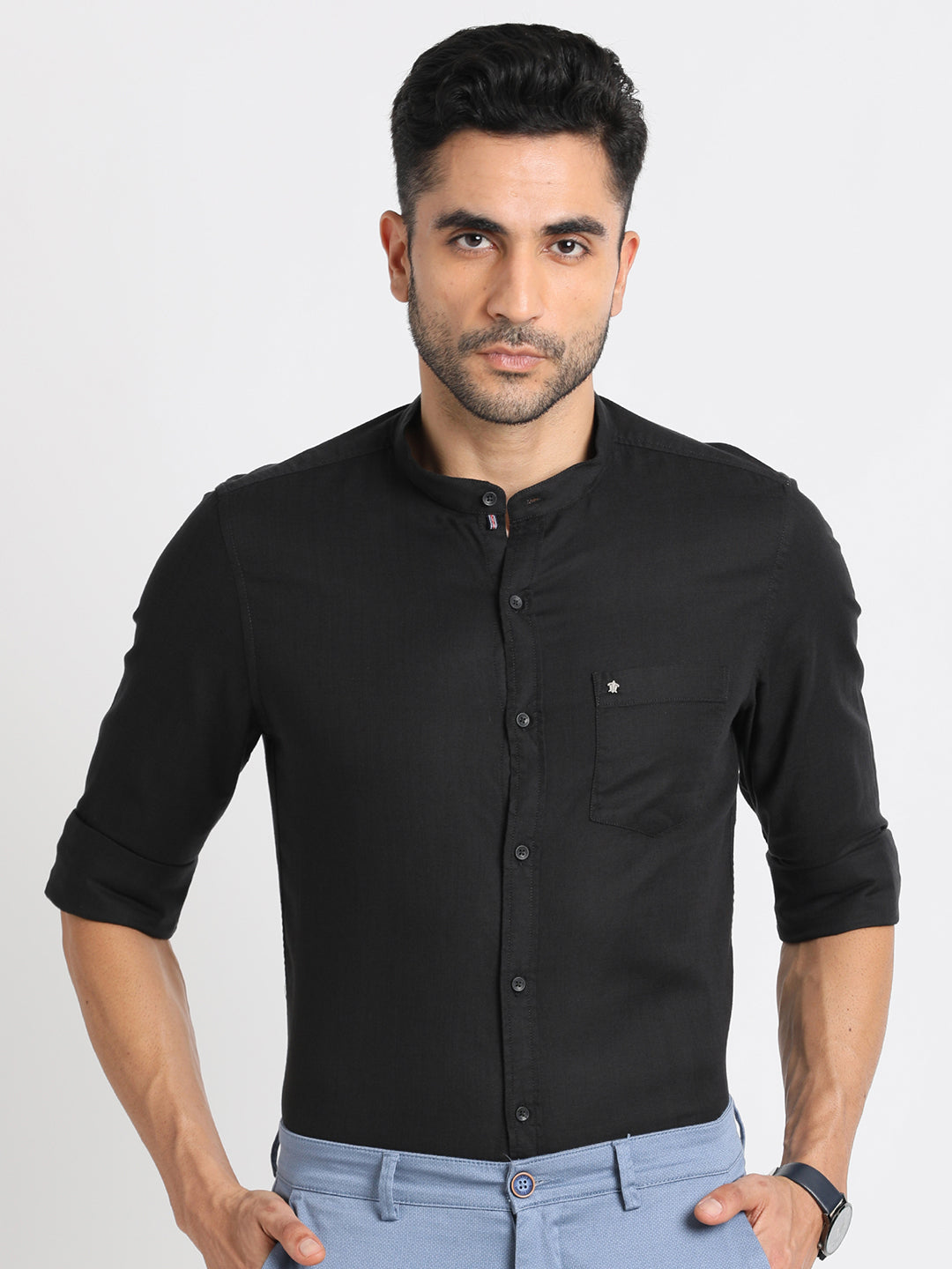 Cotton Lyocell Black Plain Slim Fit Full Sleeve Casual Shirt
