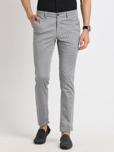 Cotton Stretch Grey Checkered Narrow Fit Flat Front Casual Trouser