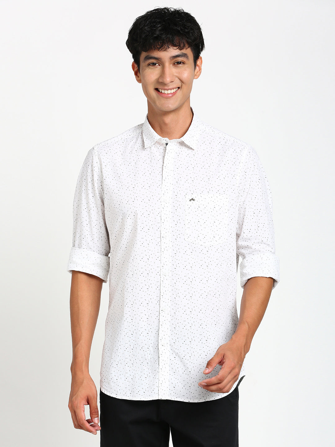 100% Cotton White Printed Slim Fit Full Sleeve Casual Shirt