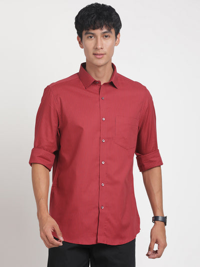 100% Cotton Red Striped Slim Fit Full Sleeve Formal Shirt