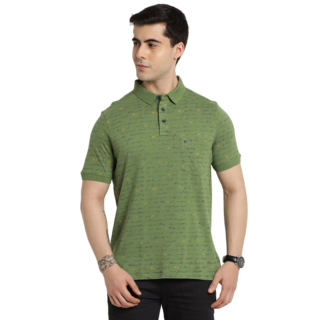 100% Cotton Green Printed Polo Neck Half Sleeve Casual T-Shirt