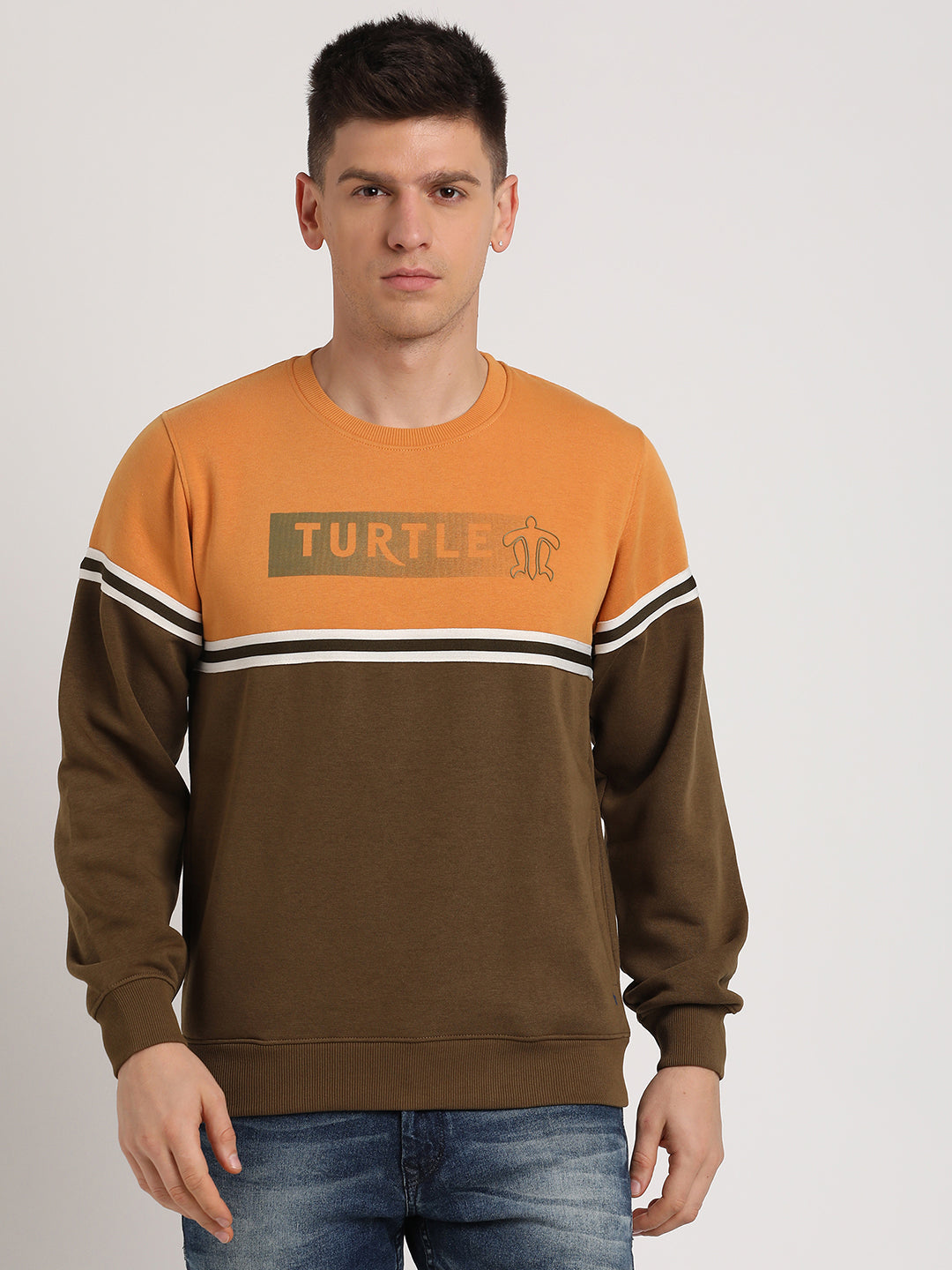 Poly Cotton Brown & Yellow Striped Regular Fit Full Sleeve Casual Sweatshirt