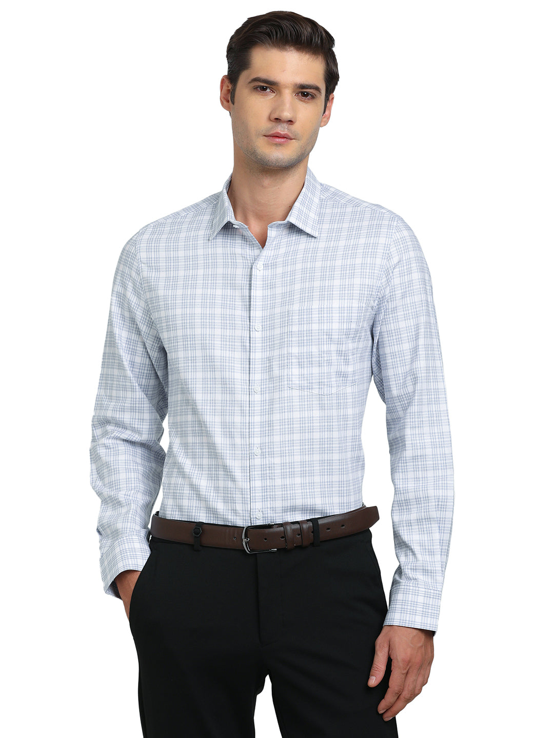 100% Cotton White Checkered Slim Fit Full Sleeve Formal Shirt