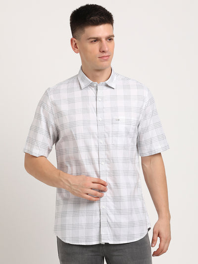 100% Cotton Off White Checkered Slim Fit Half Sleeve Casual Shirt