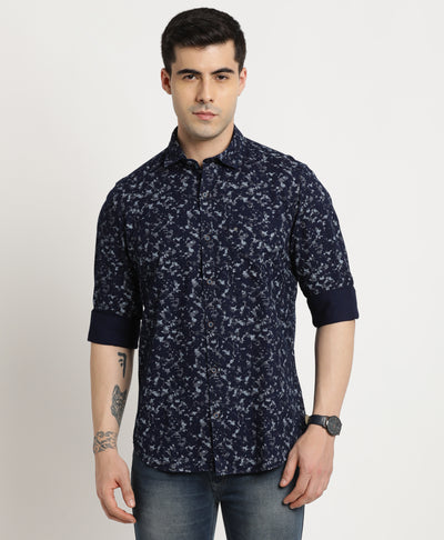 100% Cotton Navy Blue Printed Slim Fit Full Sleeve Casual Shirt