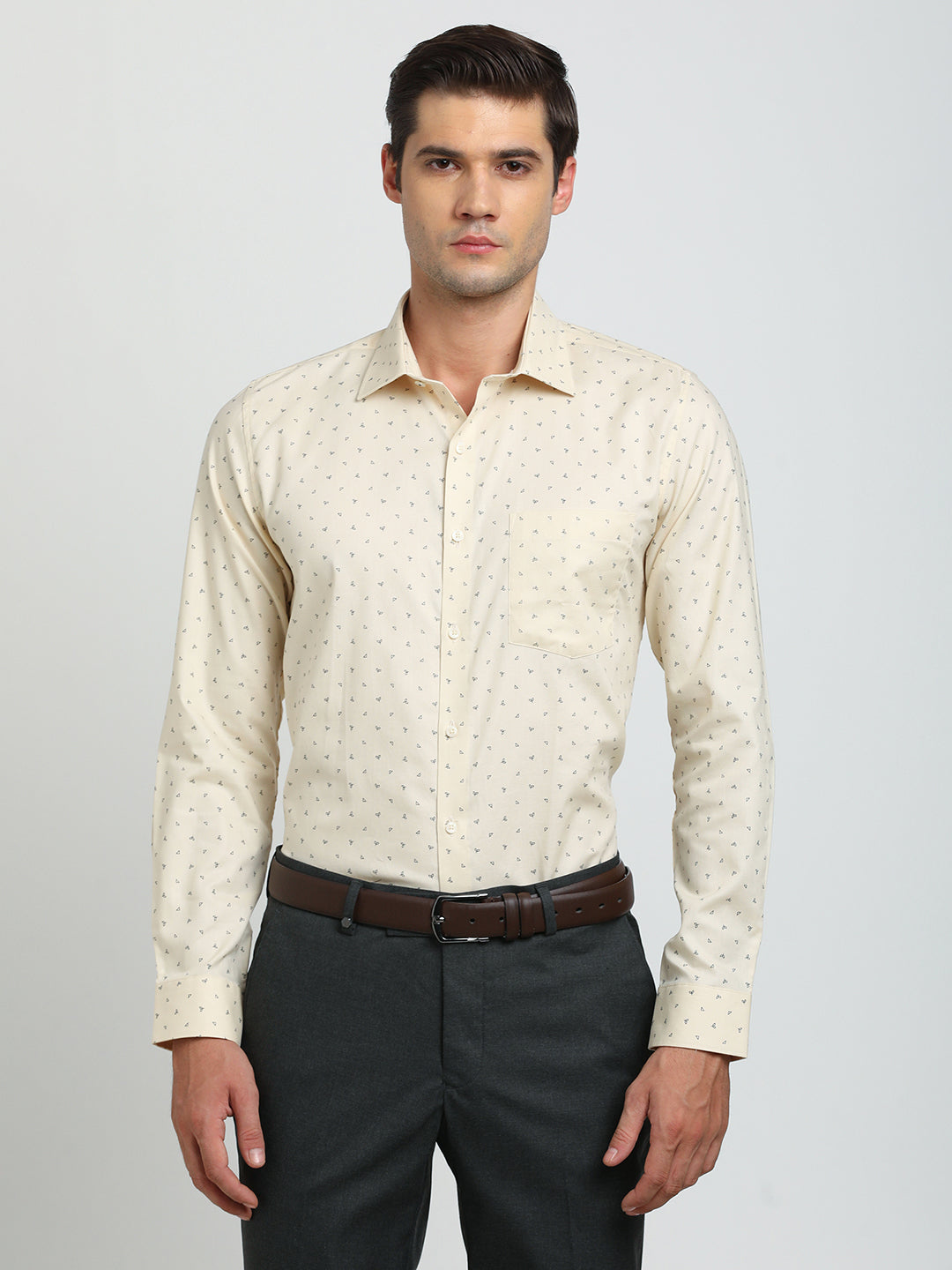 100% Cotton Beige Printed Slim Fit Full Sleeve Formal Shirt