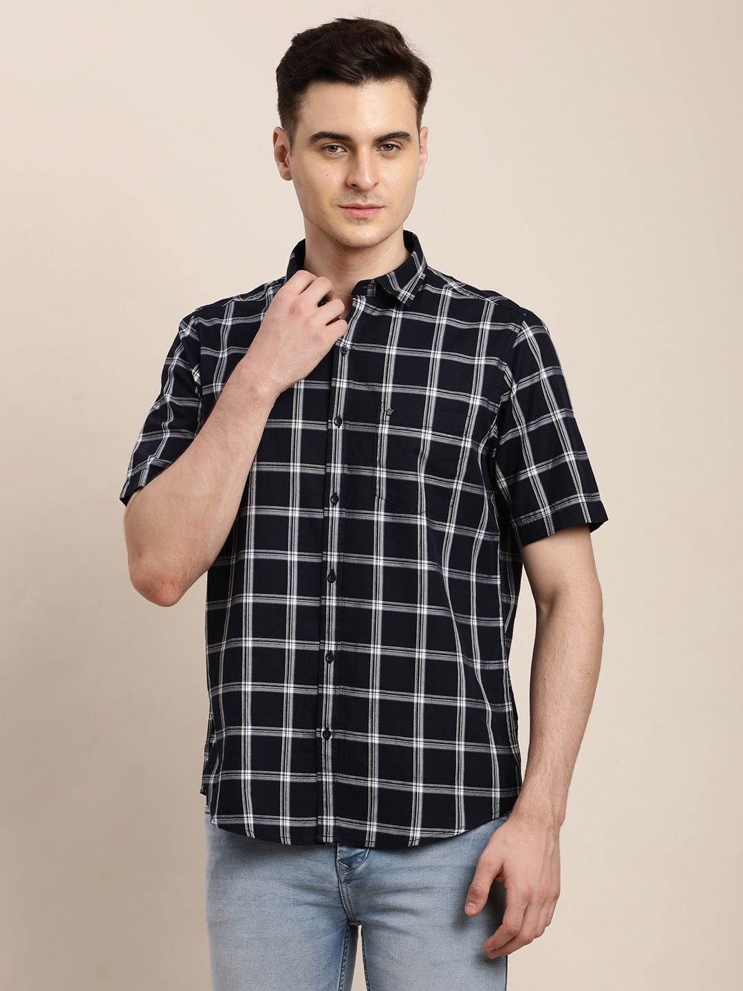 100% Cotton Blue Checkered Slim Fit Half Sleeve Casual Shirt