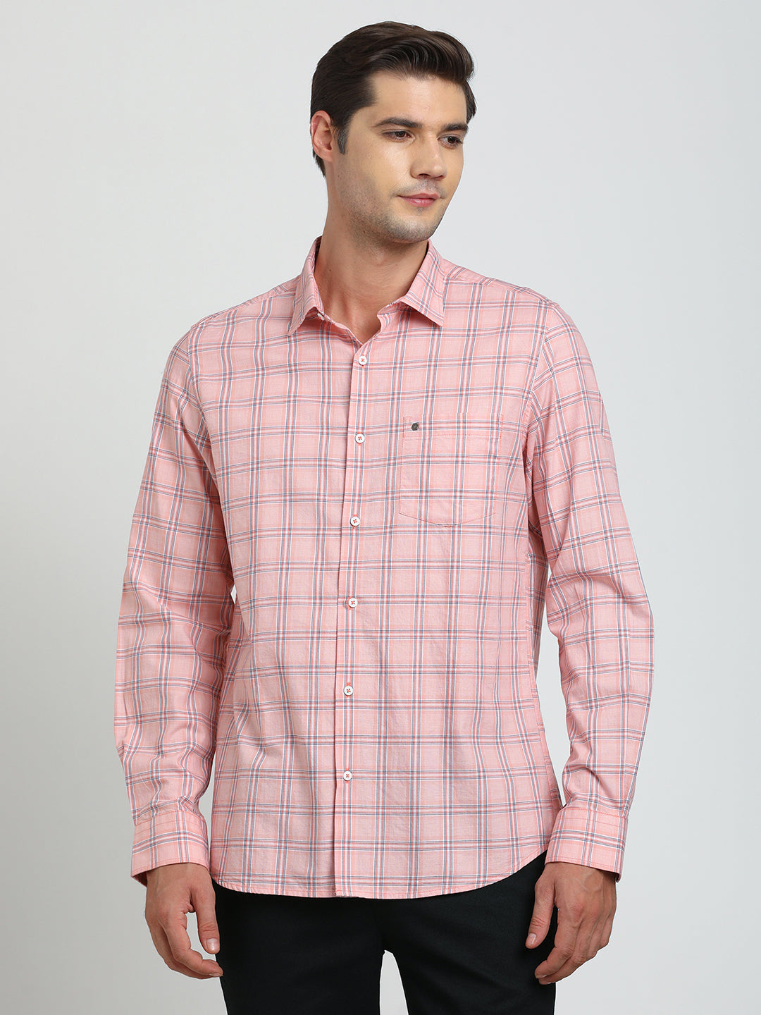 100% Cotton Pink Checkered Slim Fit Full Sleeve Casual Shirt