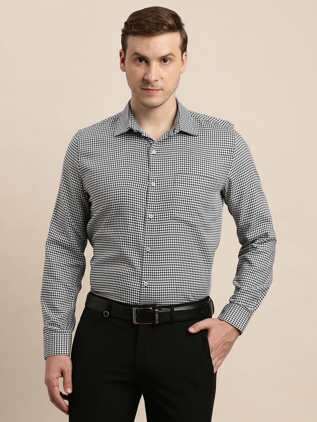 Giza Cotton Black Dobby Slim Fit Full Sleeve Formal Shirt