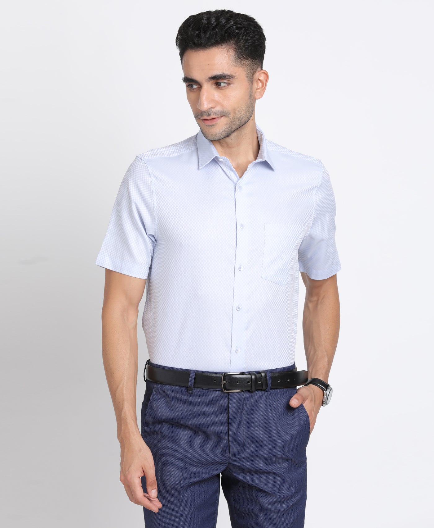 Giza Cotton Sky Blue Dobby Regular Fit Half Sleeve Formal Shirt