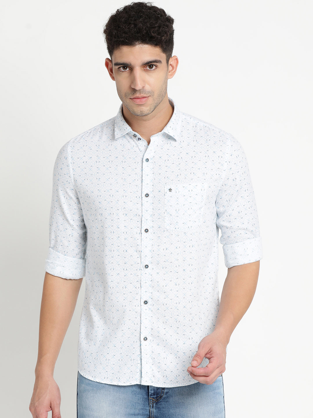 100% Cotton White Printed Slim Fit Full Sleeve Casual Shirt