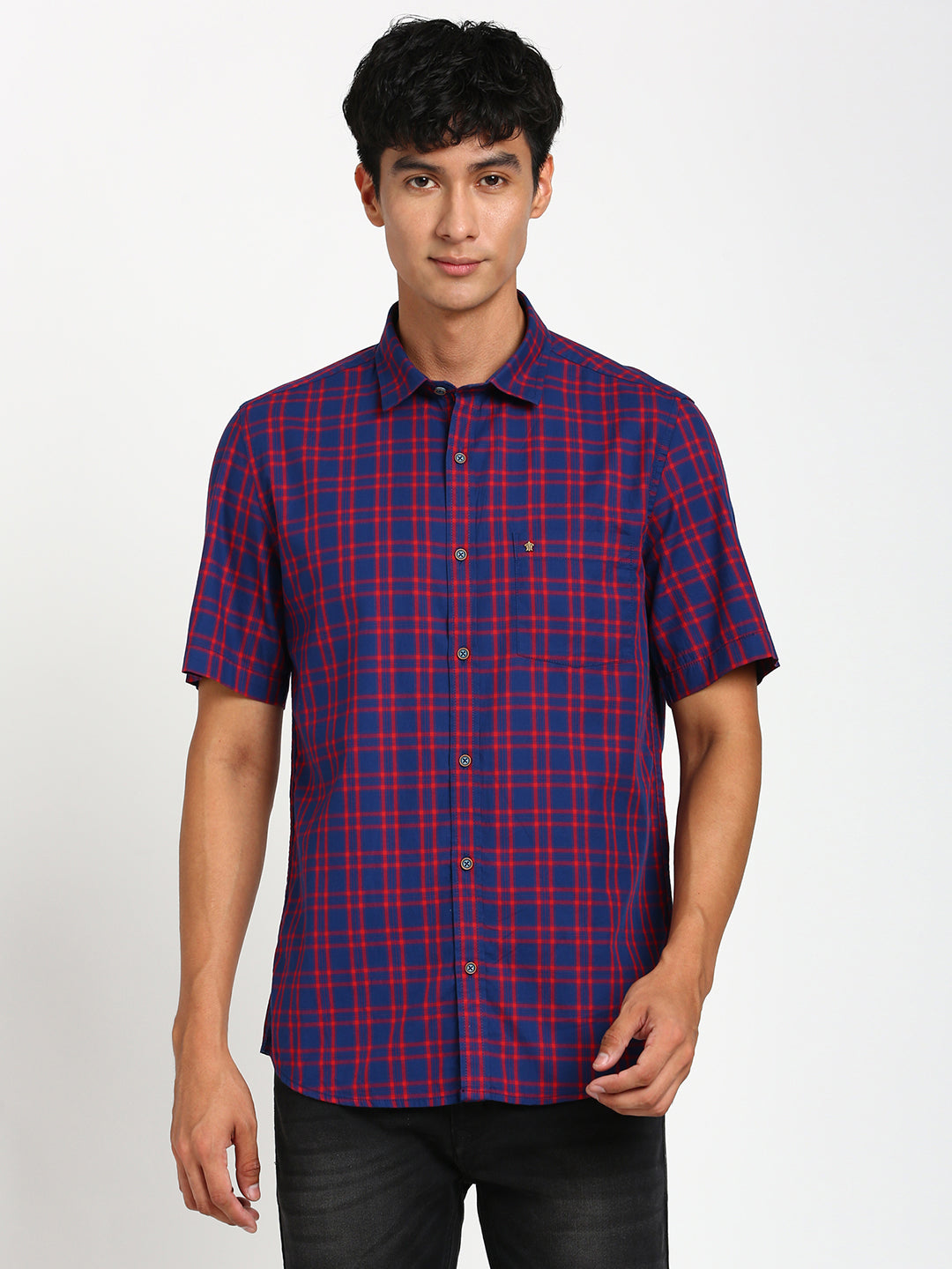 100% Cotton Navy Blue Checkered Slim Fit Half Sleeve Casual Shirt