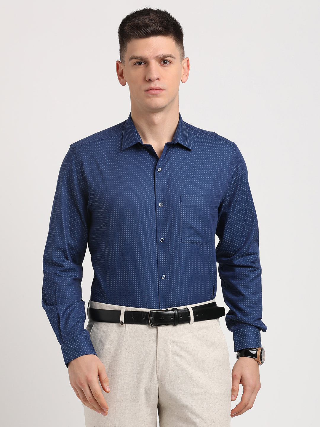 100% Cotton Blue Dobby Regular Fit Full Sleeve Formal Shirt