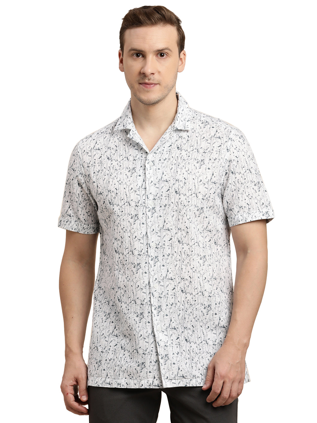 Cotton Linen White Printed Slim Fit Half Sleeve Casual Shirt