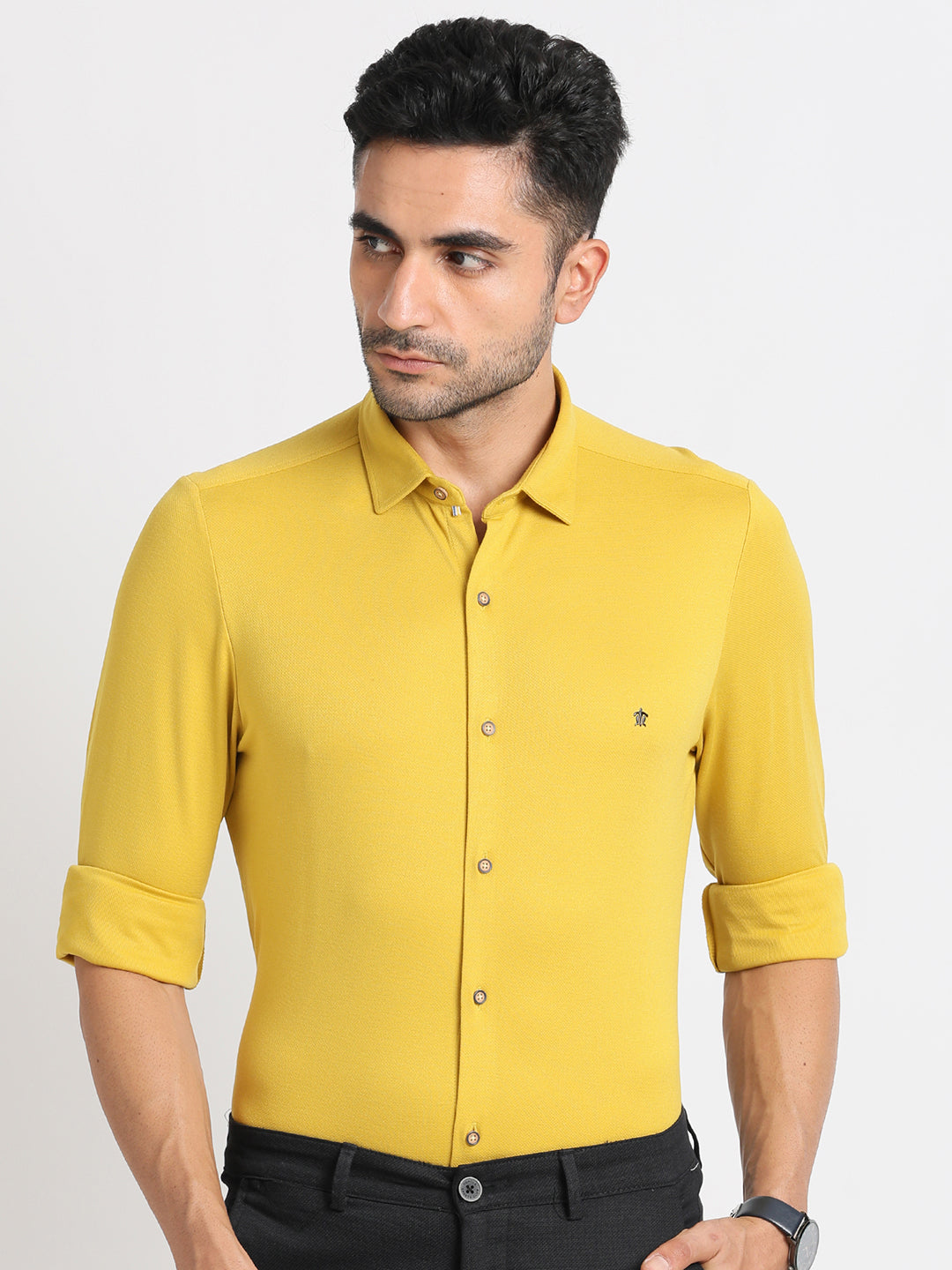 Cotton Yellow Printed Slim Fit Full Sleeve Casual Shirt