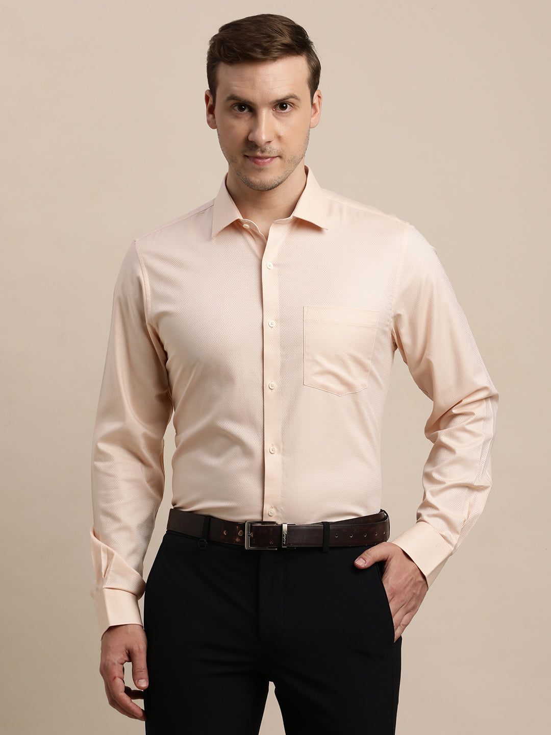 100% Cotton Peach Dobby Slim Fit Full Sleeve Formal Shirt