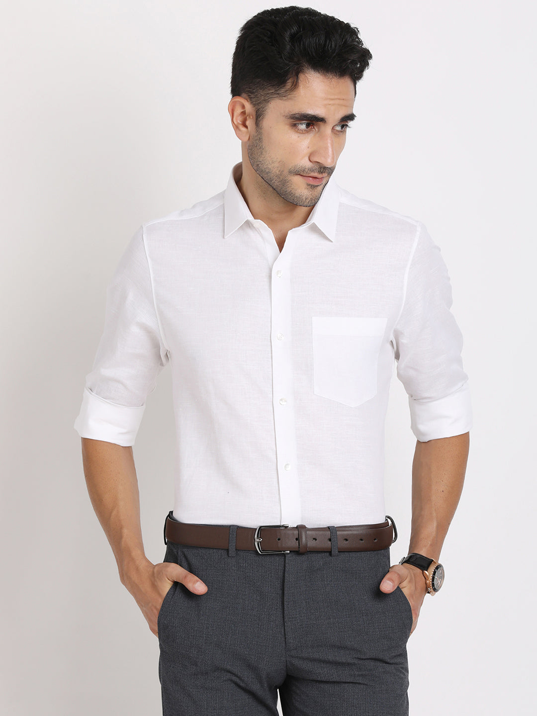 Cotton Linen White Plain Slim Fit Full Sleeve Formal Shirt