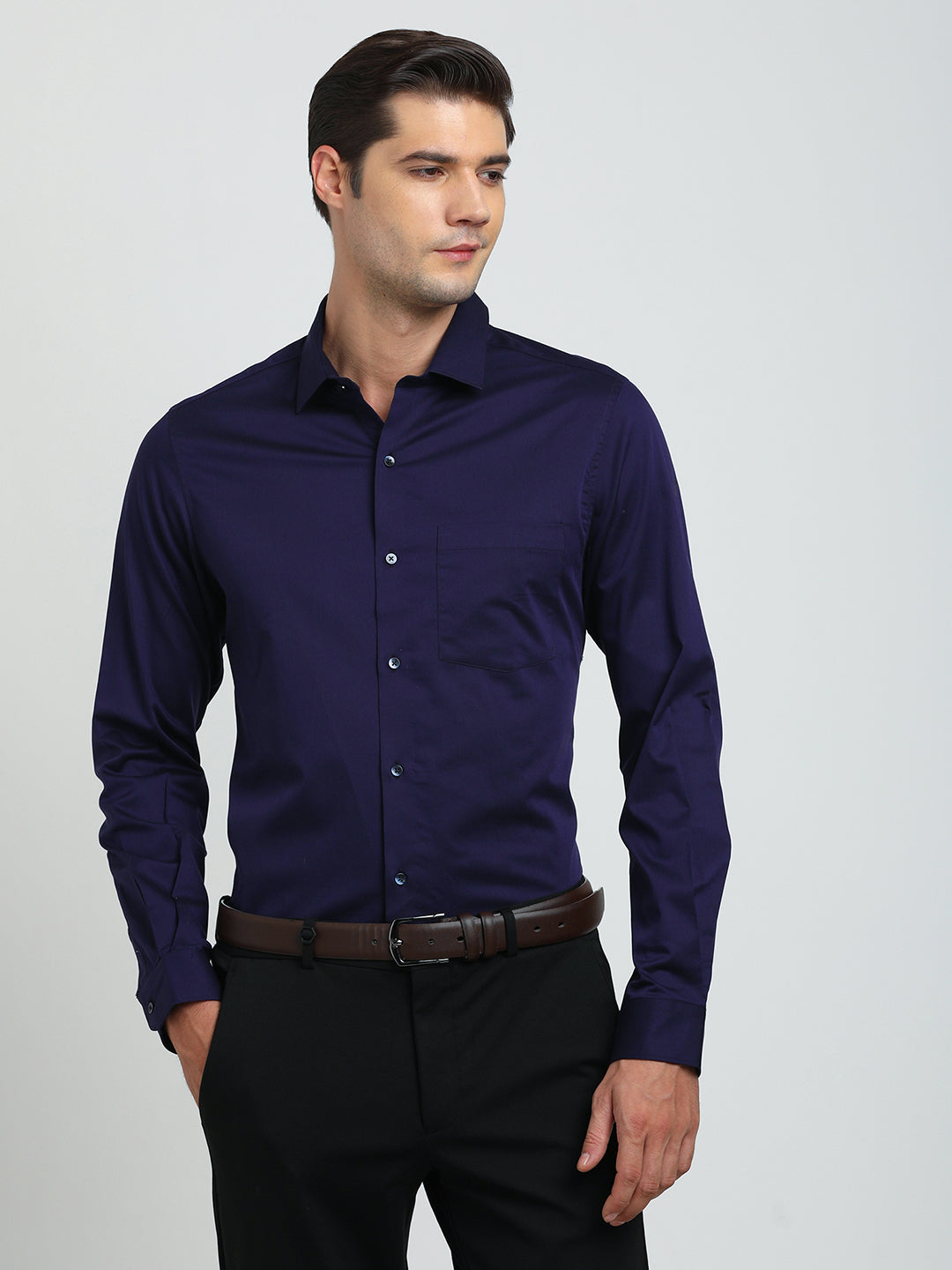 100% Cotton Indigo Blue Plain Slim Fit Full Sleeve Ceremonial Shirt