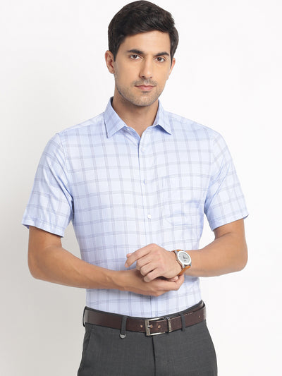 Giza Cotton Sky Blue Checkered Regular Fit Half Sleeve Formal Shirt