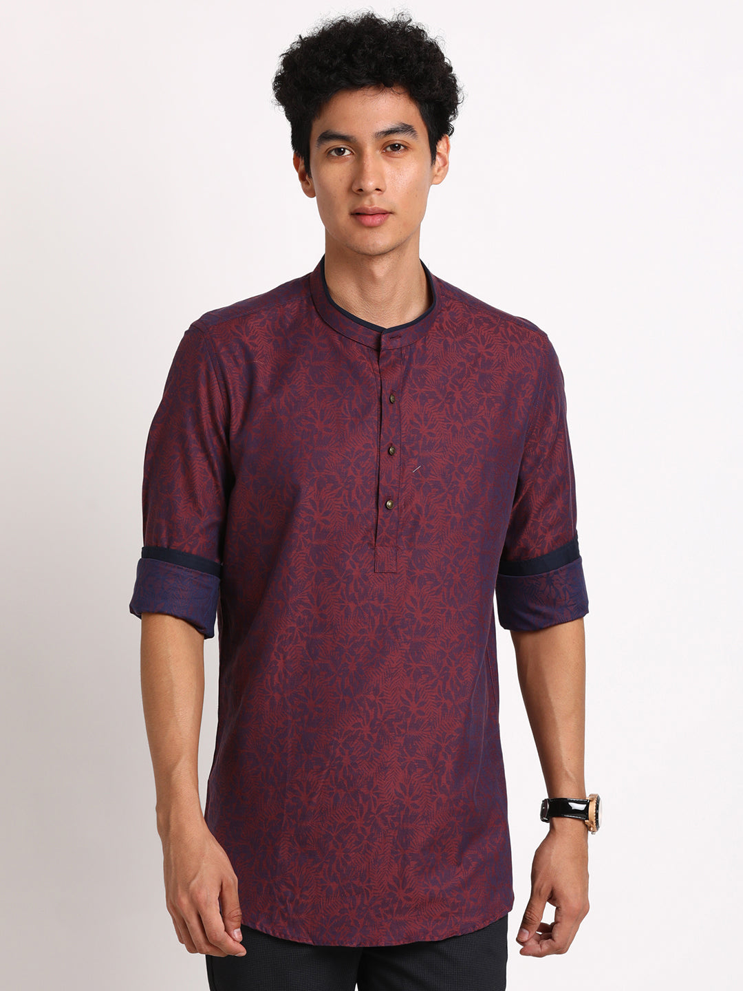 100% Cotton Burgundy Jacquard Kurta Full Sleeve Ceremonial Shirt