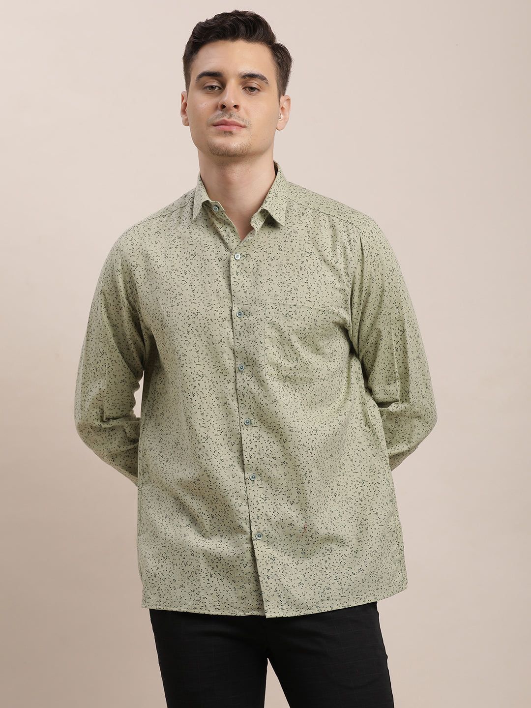 Cotton Linen Grey Printed Regular Fit Full Sleeve Formal Shirt