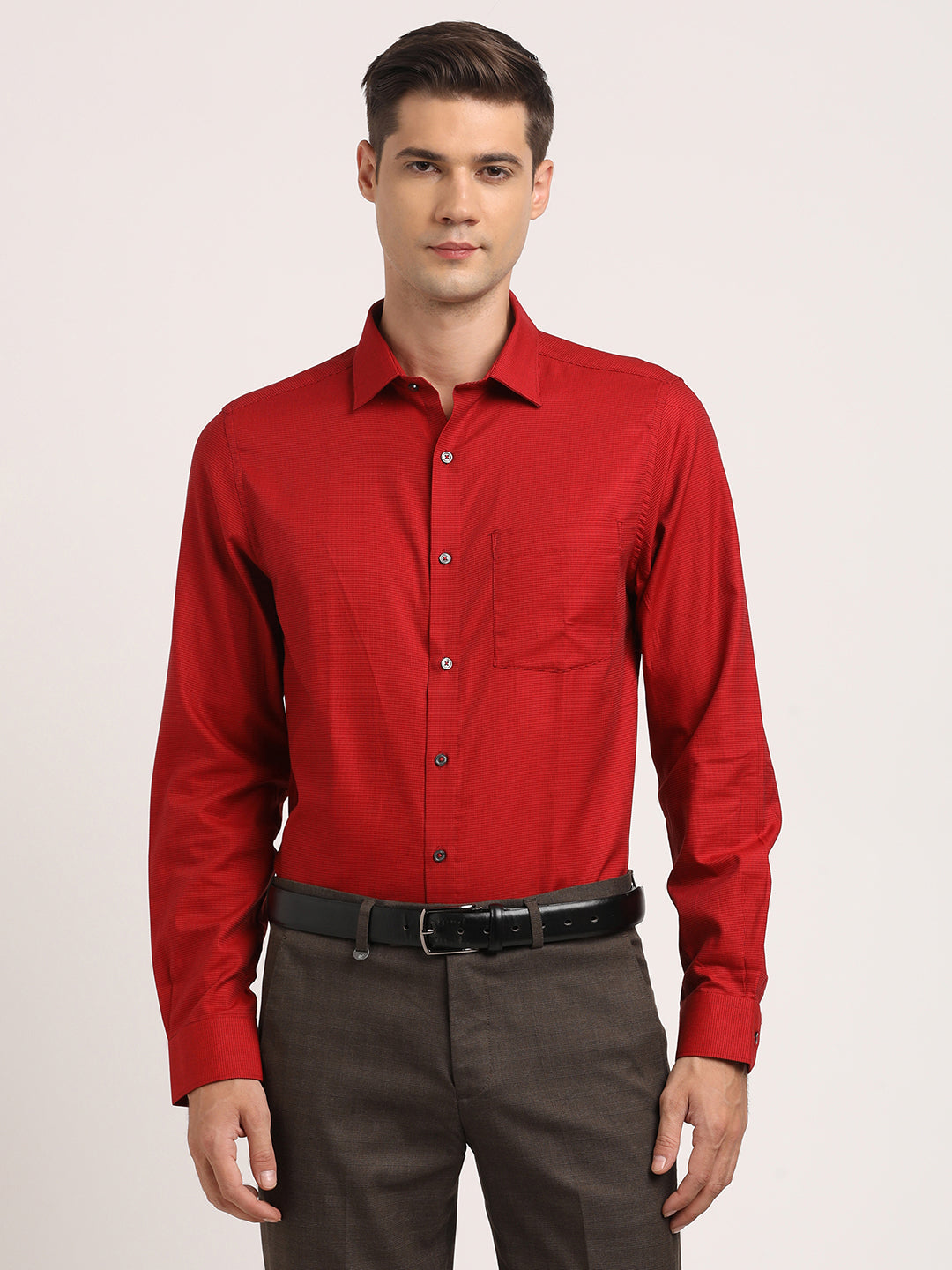 100% Cotton Red Dobby Slim Fit Full Sleeve Formal Shirt