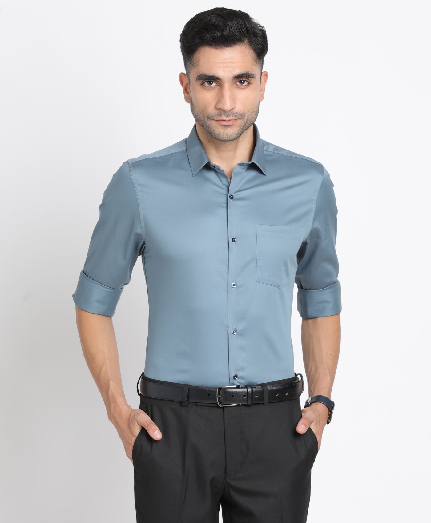 100% Cotton Grey Plain Slim Fit Full Sleeve Formal Shirt