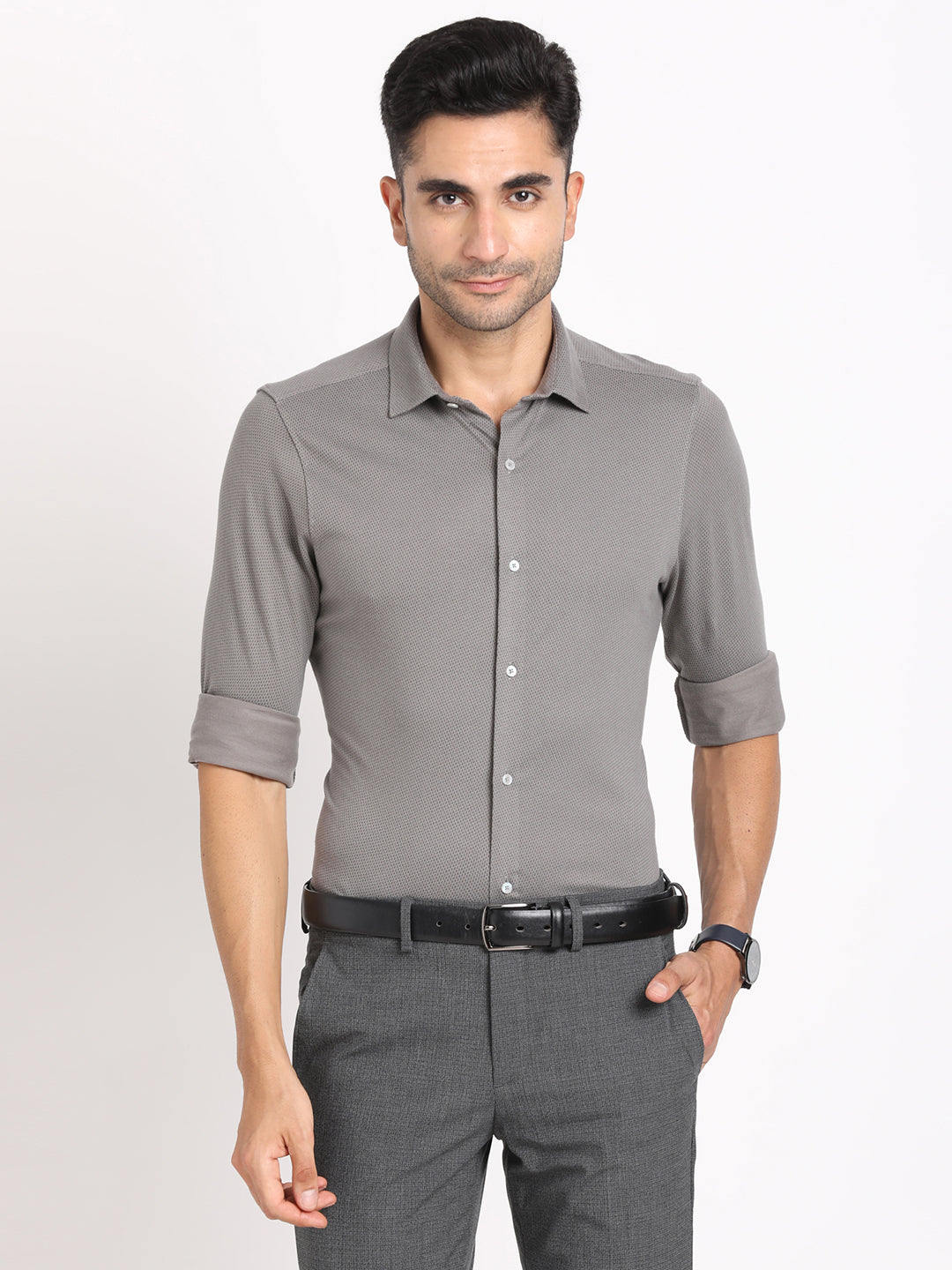 Cotton Grey Printed Slim Fit Full Sleeve Formal Shirt