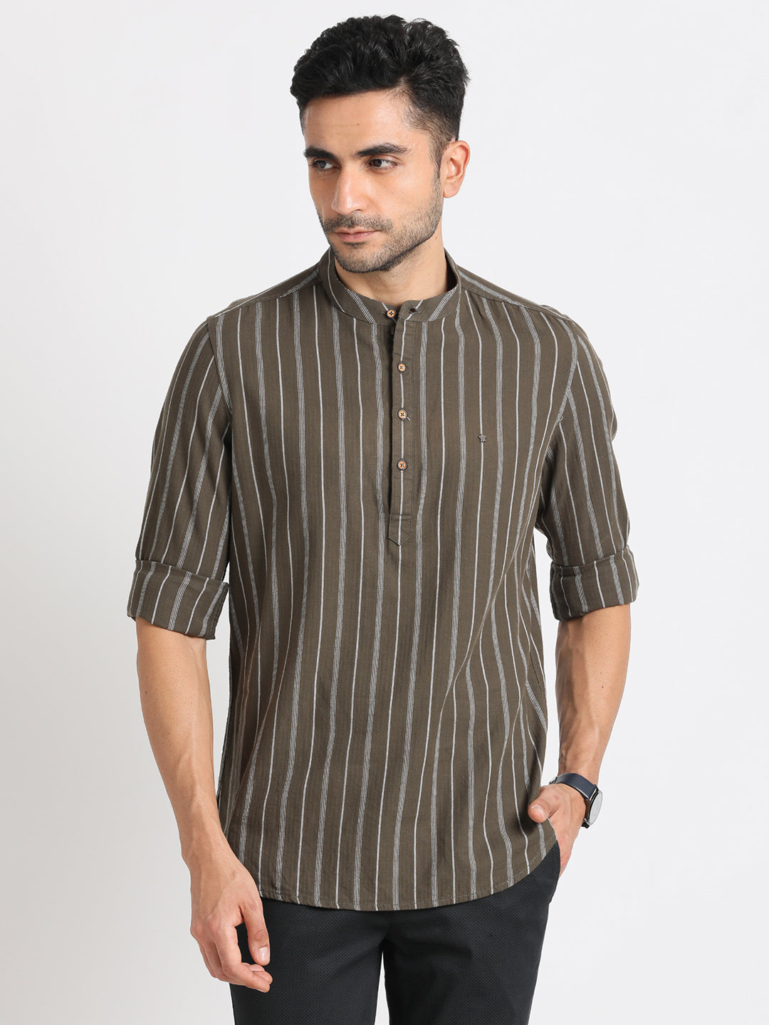 100% Cotton Brown Striped Kurta Full Sleeve Casual Shirt