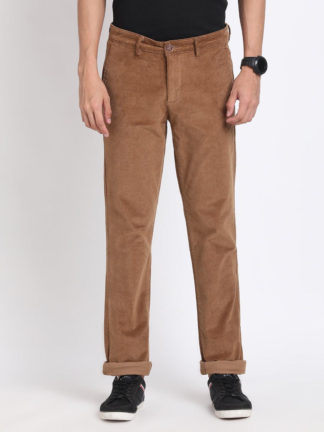 Cord Brown Plain Ultra Slim Fit Flat Front Casual Trouser