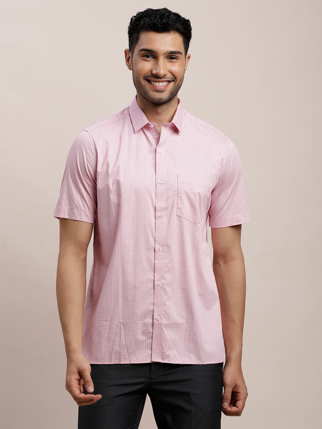 100% Cotton Light Pink Printed Regular Fit Half Sleeve Formal Shirt