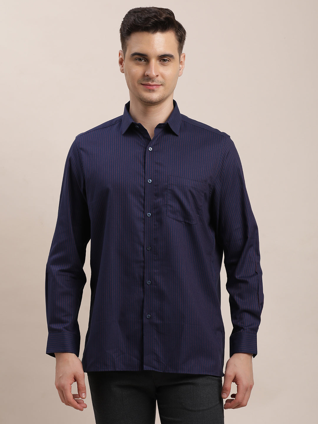 100% Cotton Dark Blue Striped Regular Fit Full Sleeve Formal Shirt