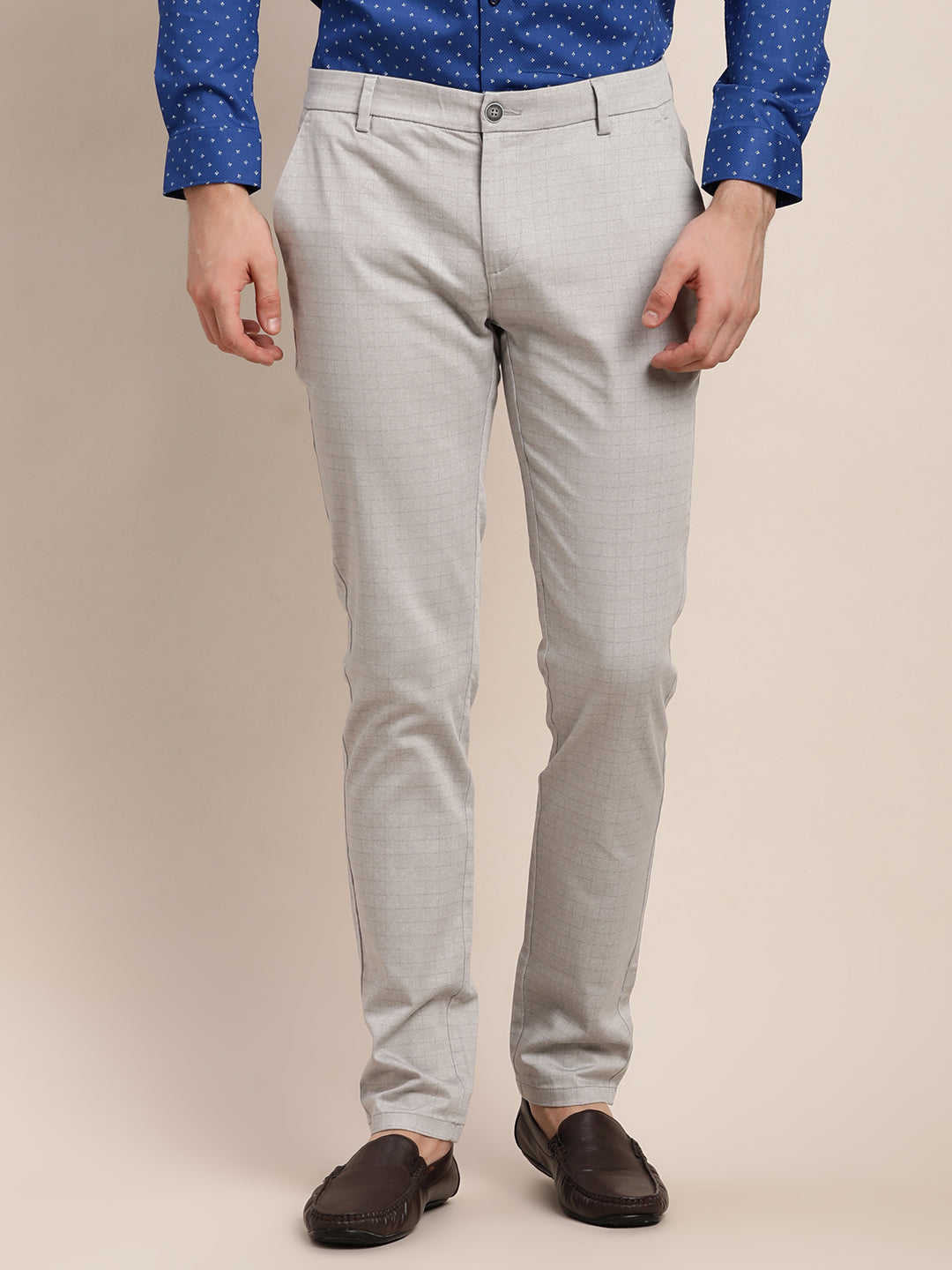 Cotton Stretch Grey Printed Narrow Fit Flat Front Casual Trouser