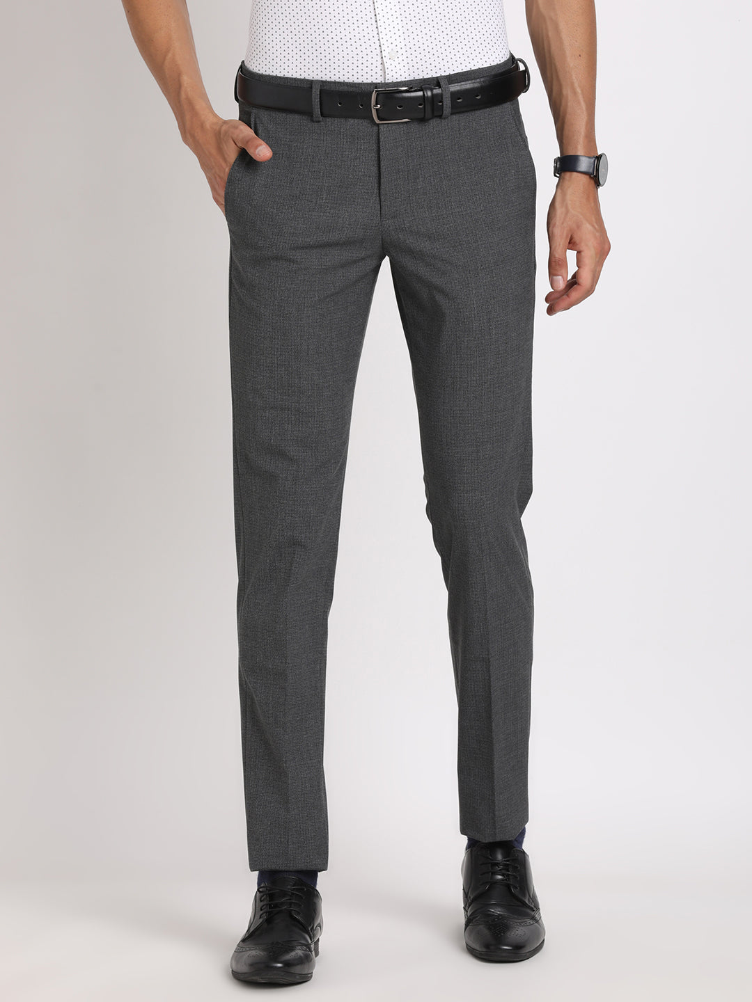 Poly Viscose Grey Checkered Slim Fit Flat Front Ceremonial Trouser