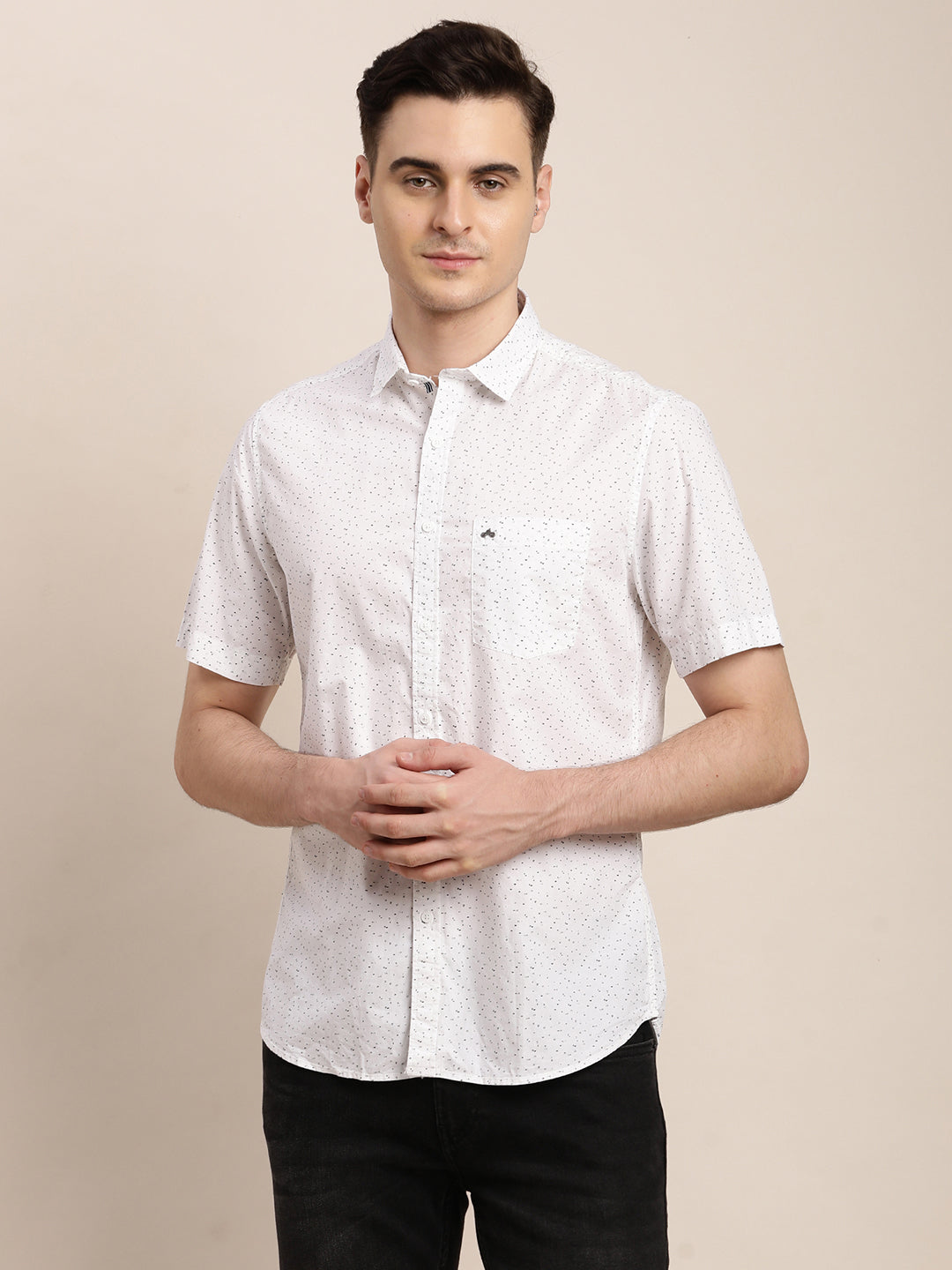 100% Cotton White Printed Slim Fit Half Sleeve Casual Shirt