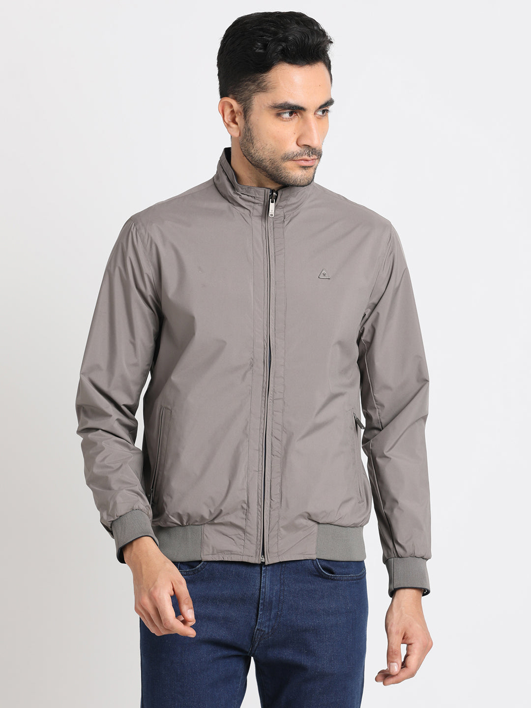 Nylon Grey-Navy Plain Regular Fit Full Sleeve Casual Reversible Windcheater