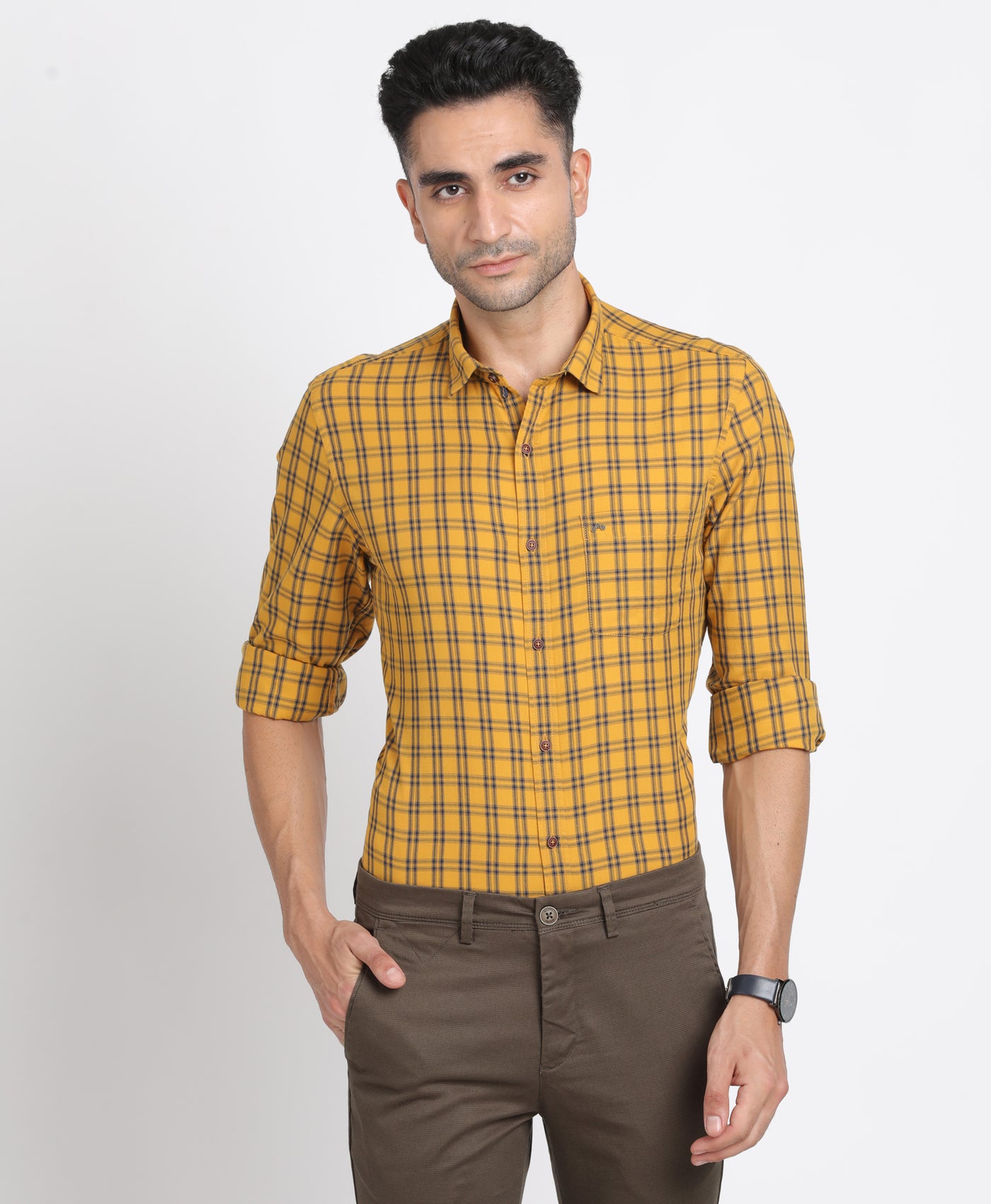 Cotton Lyocell Yellow Checkered Slim Fit Full Sleeve Casual Shirt